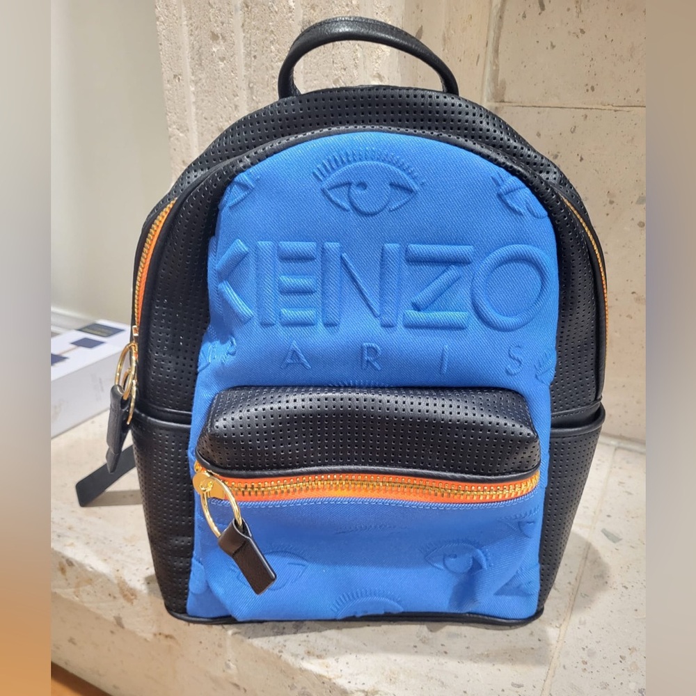 Kenzo Blue Eye‑Patterned Embossed Mini Backpack (cotton/denim & Leather)